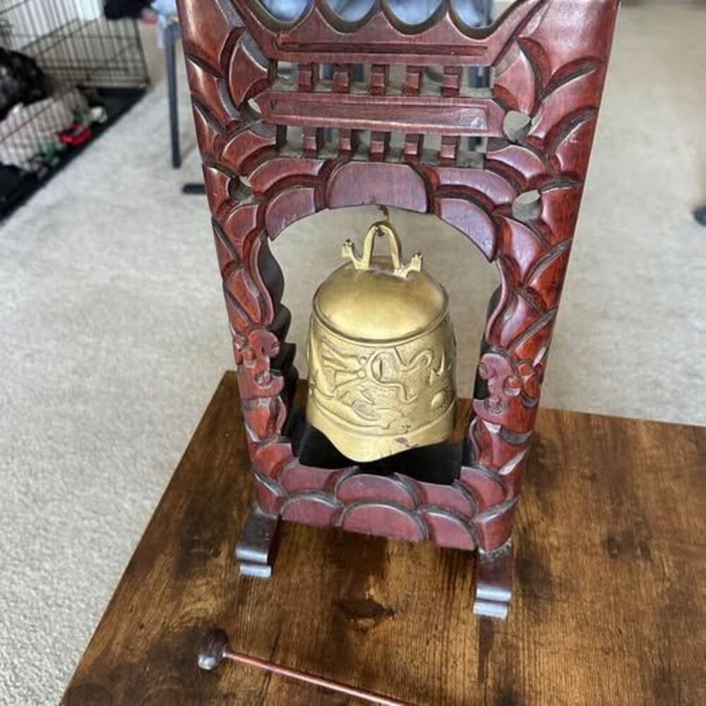 Vintage Carved Wood Stand with Brass Bell and Striker